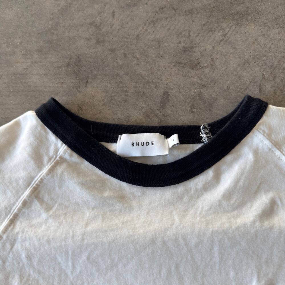 Rhude Logo Tee Cream Black Ringer Embroidered Script Front Back Small - Picture 2 of 5